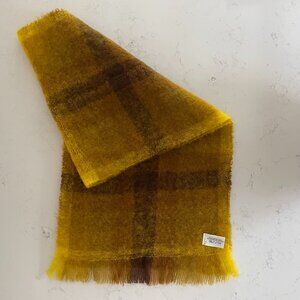 Vintage Made in Scotland Mohair & New Wool Fringed Plaid Wrap/Scarf Gold Brown